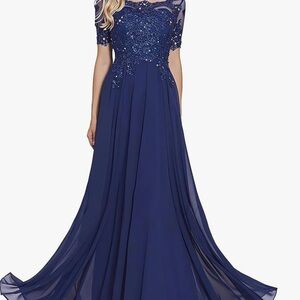Blue Maxi Gown with Flutter Sleeves and Bateau Neckline